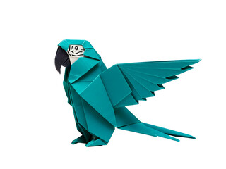 Aqua Origami Parrot on a Transparent Background, Geometric Paper Folds, Playful Angle Wings, Shadow Highlights, Detailed Plumage, Artistic Bird