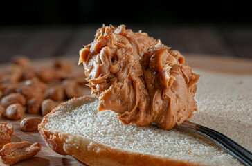 A spoonful of peanut butter on a slice of white bread on a wooden cutting board with peanuts out of focus in the background. Macro photography side view