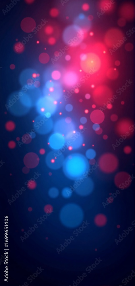Poster dynamic background with abstract, out-of-focus circular lights in vibrant red and blue, scattered ag
