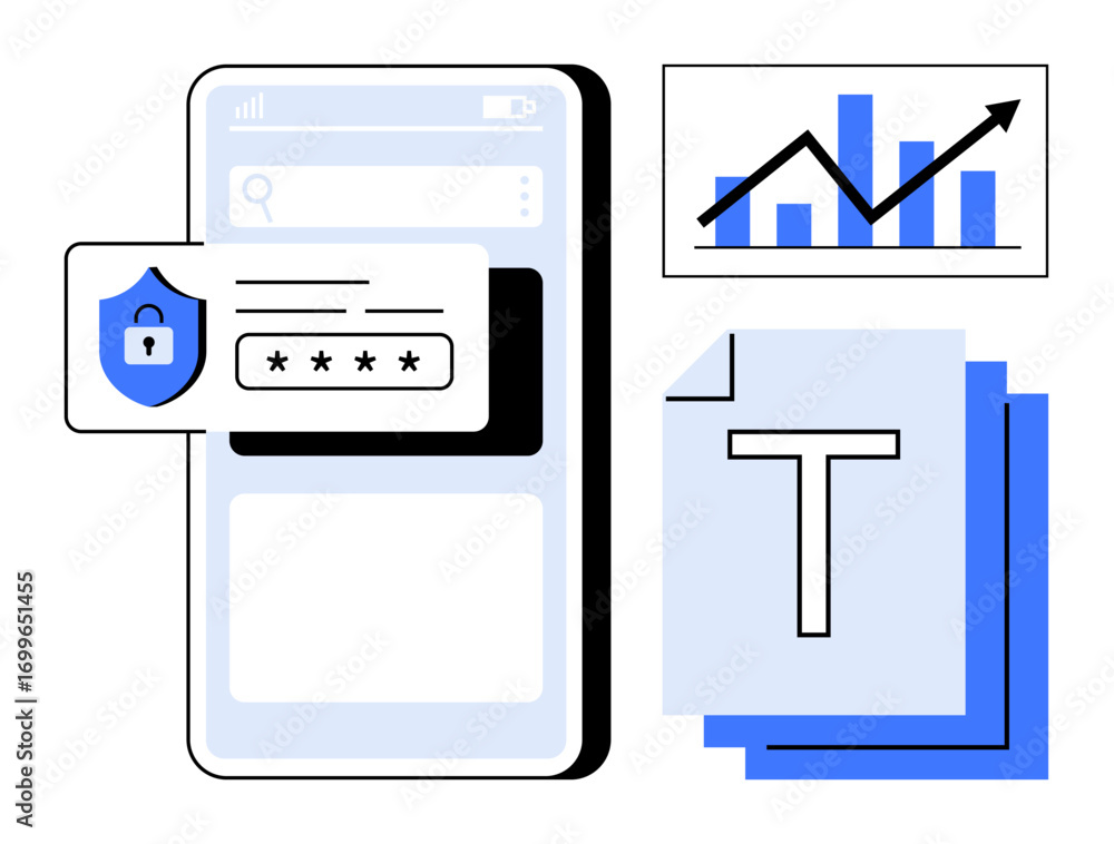 Poster smartphone with password security popup, increasing data graph, and text documents. ideal for securi