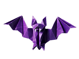 Geometric Purple Origami Bat with Sharp White Fangs Against a Black Isolated Transparent Background Animal Paper Craft Halloween Decoration