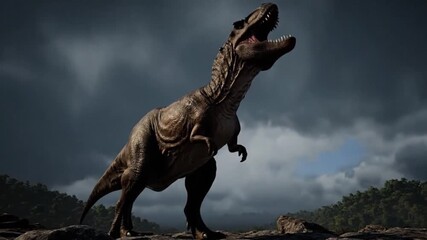 Tyrannosaurus Rex stomps under a dramatic stormy sky with lightning flashes in a prehistoric landscape - Powered by Adobe