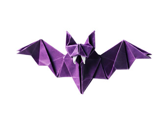 Isolated Origami Bat Figure with Purple Hues Featuring Sharp Fangs and Angular Wings on a Transparent Backdrop