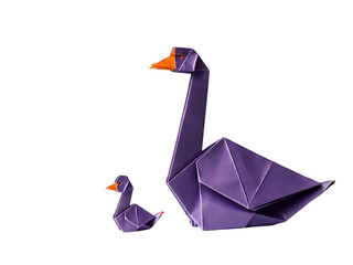 Origami Swans with Purple Paper Isolated on Transparent Background Dark Paper Folding Art Design Decoration Conceptual Modern Geometric Shape