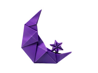 Crescent Moon and Star Origami Purple Paper Art on Transparent Background