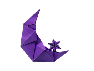 Crescent Moon and Star Origami Purple Paper Art on Transparent Background