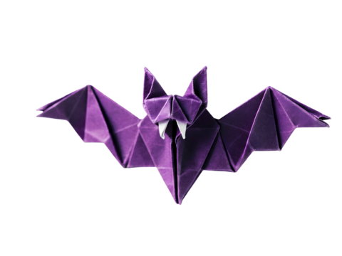 Isolated Origami Bat Figure with Purple Hues Featuring Sharp Fangs and Angular Wings on a Transparent Backdrop