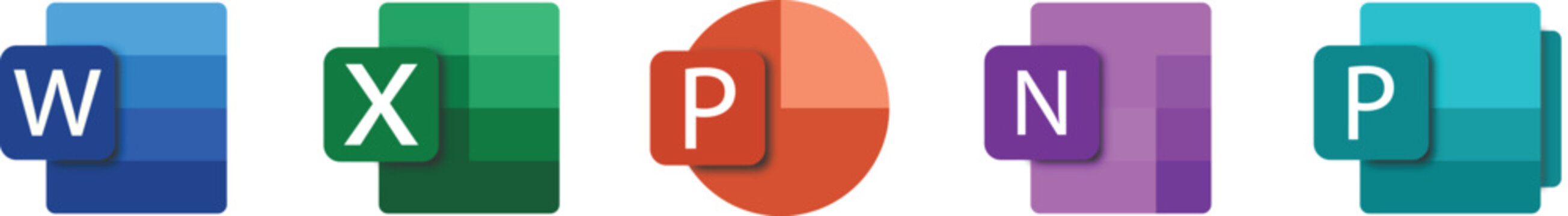 High resolution Microsoft PowerPoint, Word & Excel logos set. Set of Microsoft office products. Vector
