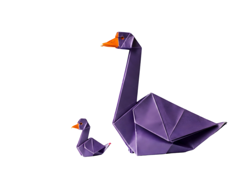 Origami Swans with Purple Paper Isolated on Transparent Background Dark Paper Folding Art Design Decoration Conceptual Modern Geometric Shape - Powered by Adobe