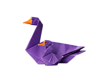 Purple Origami Swan with Folded Paper Texture on a Black Isolated Background Symbolic Crafting Traditional Japanese Art Form