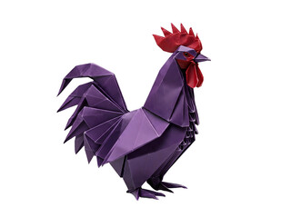 Detailed Origami Rooster with Purple Body and Red Crest in Sharp Focus Isolated on Transparent Background with Intricate Folds and Angular Design