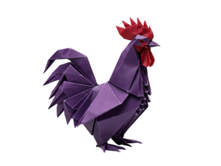 Detailed Origami Rooster with Purple Body and Red Crest in Sharp Focus Isolated on Transparent Background with Intricate Folds and Angular Design