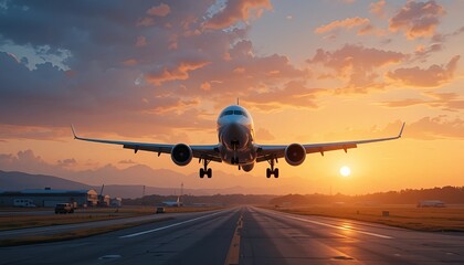 A commercial airplane taking off from a runway at sunset with a vibrant sky behind it in the evening