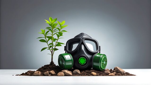Gas mask with green plant growing in soil symbolizing pollution and environment protection  
