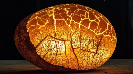 Illuminated cracked sphere glowing amber texture abstract art design