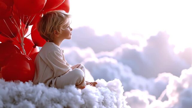Blond young teen releasing red balloon, sitting on fluffy white cloud, surrounded by floating colorful balloons, minimalist studio setting,Blond child, fluffy white cloud