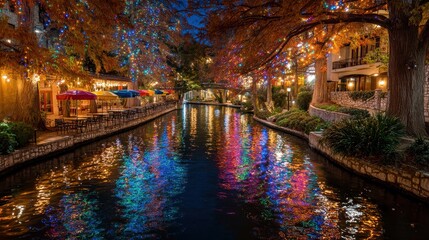 Fototapeta premium Texas Christmas. River Walk in San Antonio with Stunning Architecture and Colorful Christmas Lights