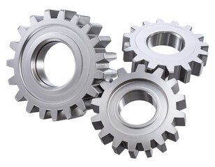 Cluster of Three Interlocking 3D Gear Icons in Motion, Isolated on Transparent Background