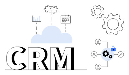 CRM cloud with analytics, calendar icons, team connections, gears, magnifying glass, and secure lock. Ideal for team collaboration, workflow automation, data management business growth process