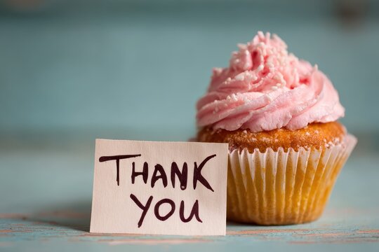 Thank You Cake. Gratitude Sign on Cupcake with Cake Background