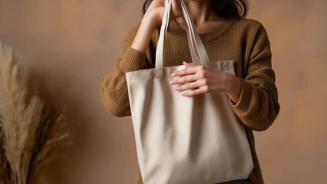 A woman is holding a white canvas bag. She is wearing a brown sweater and blue jeans. Faceless person holding organic cotton tote bag,sustainable fashion practices soft warm muted background