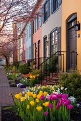 Fototapeta premium A row of townhouses in spring Gardens bloom with colorful flowers The mood feels fresh and uplifting, Generative AI 