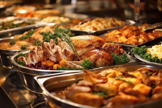 Thanksgiving Buffet. Delicious Roasted Turkey and Chicken Feast for Holiday Celebration - Powered by Adobe