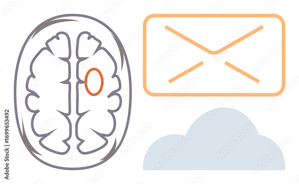 Poster brain outline with highlighted section next to messaging envelope and cloud elements. ideal for comm