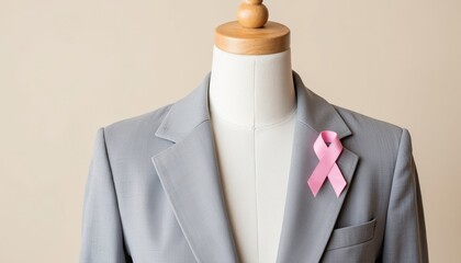 Gray blazer with pink ribbon pin symbolizing Breast Cancer Awareness Month  