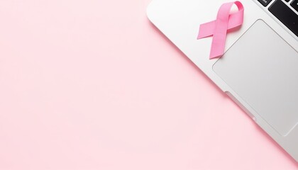 Pink ribbon on laptop keyboard representing Breast Cancer Awareness Month