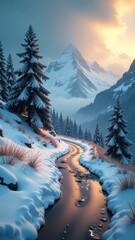 Snowcovered mountains and trees surround a winding river under a colorful sunset sky.