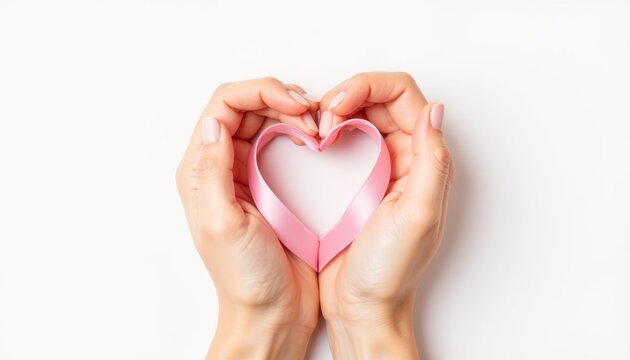 Hands forming heart shape with pink ribbon for Breast Cancer Awareness Month  