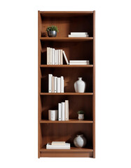A tall wooden bookshelf stands against a bright wall, displaying neatly arranged white books and elegant decorative pieces, complemented by small green plants for a fresh touch.