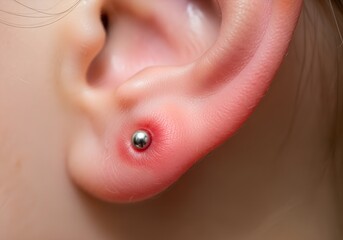 Fototapeta premium close up of piercing on earlobe with irritation around it