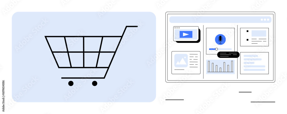 Poster shopping cart paired with screen display of analytics dashboard with charts, notifications, and data
