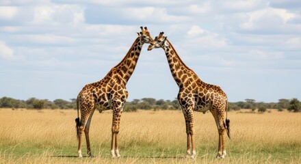 Fototapeta premium Two Giraffes Nuzzle Necks in Golden Savannah Under a Cloudy Sky