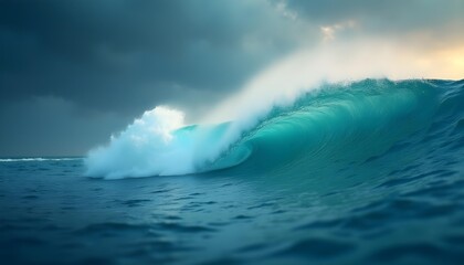 Abstract digital ocean wave with turquoise and cream gradient mesh, set against a stormy twilight sky with dramatic lighting.