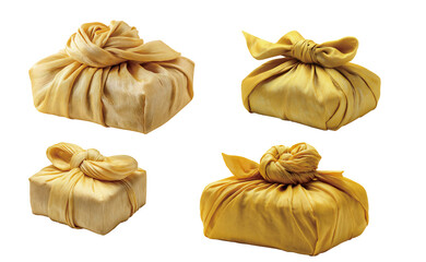 Set of Traditional Korean yellow Silk Gift Wrapping with Knot isolated on transparent background