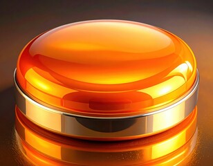 A glossy, vibrant orange button with a golden metallic edge sits on a dark reflective surface, highlighting its smooth texture and reflective qualities.