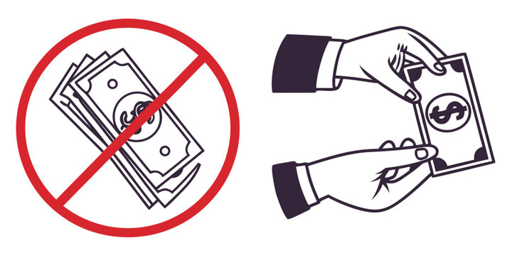 No cash accepted symbol with money and hands exchanging currency in a black and white illustration