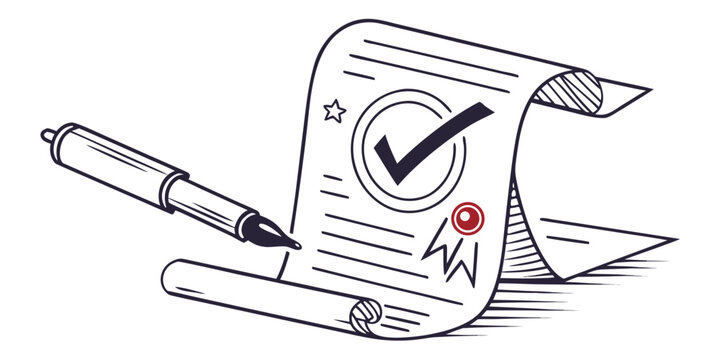 Illustration of a pen next to a document with a check mark and a red seal of approval displayed
