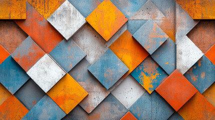 Fototapeta premium Abstract geometric pattern orange blue white textured squares design