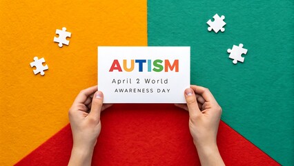 Autism awareness card with puzzle pieces and colorful background for world autism day