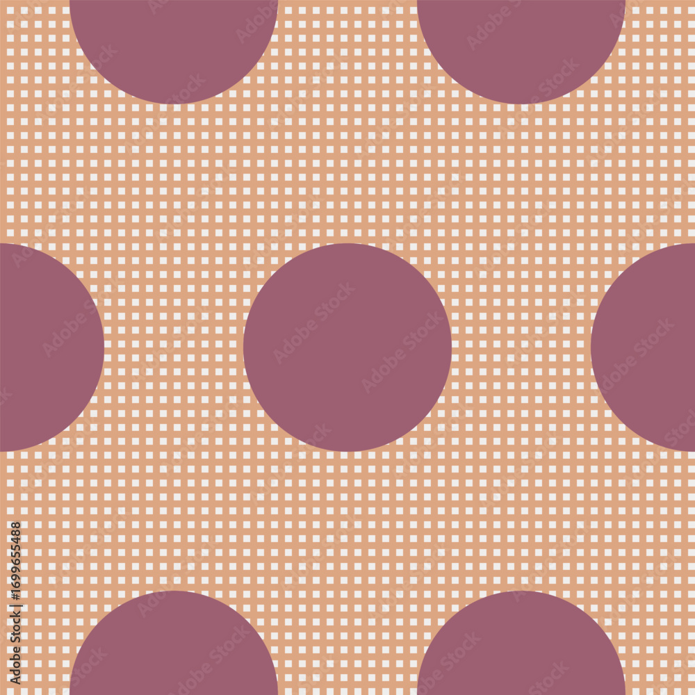 Poster seamless vector pattern with large burgundy polka dots on retro orange grid background, decorative t