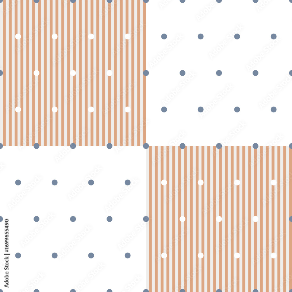 Poster seamless vector pattern with stripes and polka dots in retro geometric layout, decorative textile wa