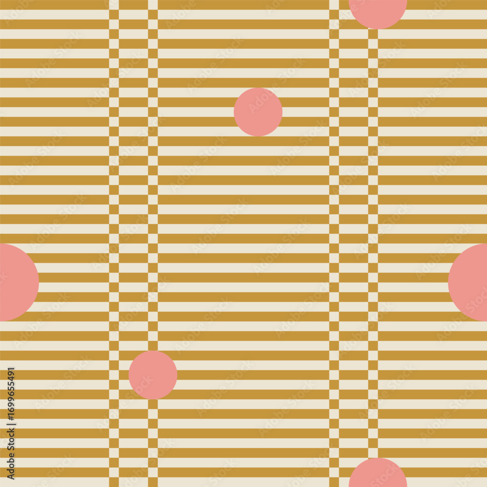 Poster seamless vector pattern with mustard yellow stripes and scattered pink circles on beige background, 