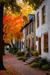 Fototapeta premium A townhouse community during autumn Leaves cover the sidewalks in warm colors The mood feels seasonal and charming, Generative AI