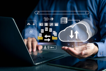 Person facing upward palm in front of computer screen with cloud icon on the palm, concept of AI in cloud system, document storage, backup, recovery, processing, and personal data security.