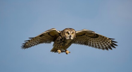 Fototapeta premium Majestic Short-Eared Owl in Mid-Flight, Wings Spread Wide Against a Clear Blue Sky