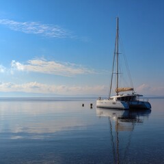 Fototapeta premium Peaceful Catamaran Sailing in Calm Waters Under Clear Blue Sky